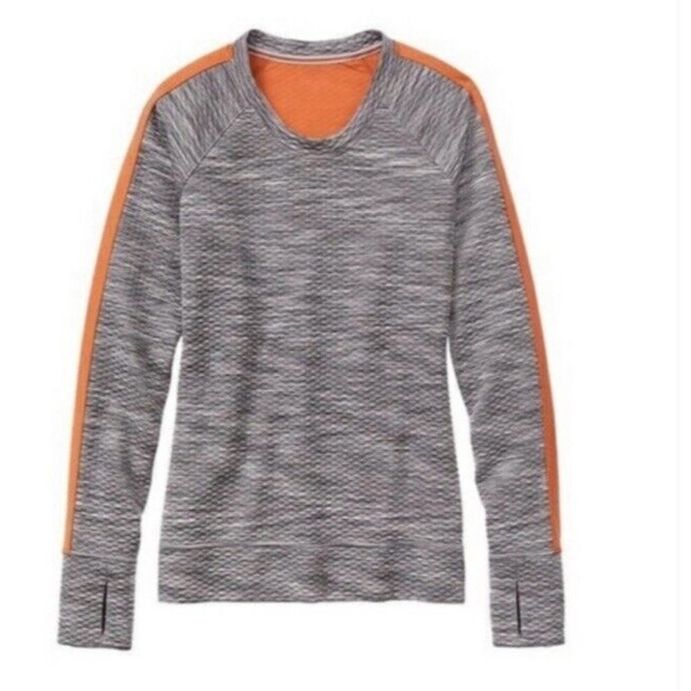 Athleta Snowscape Quilted Pullover Top Womens Large Gray Neon Orange Thumbholes